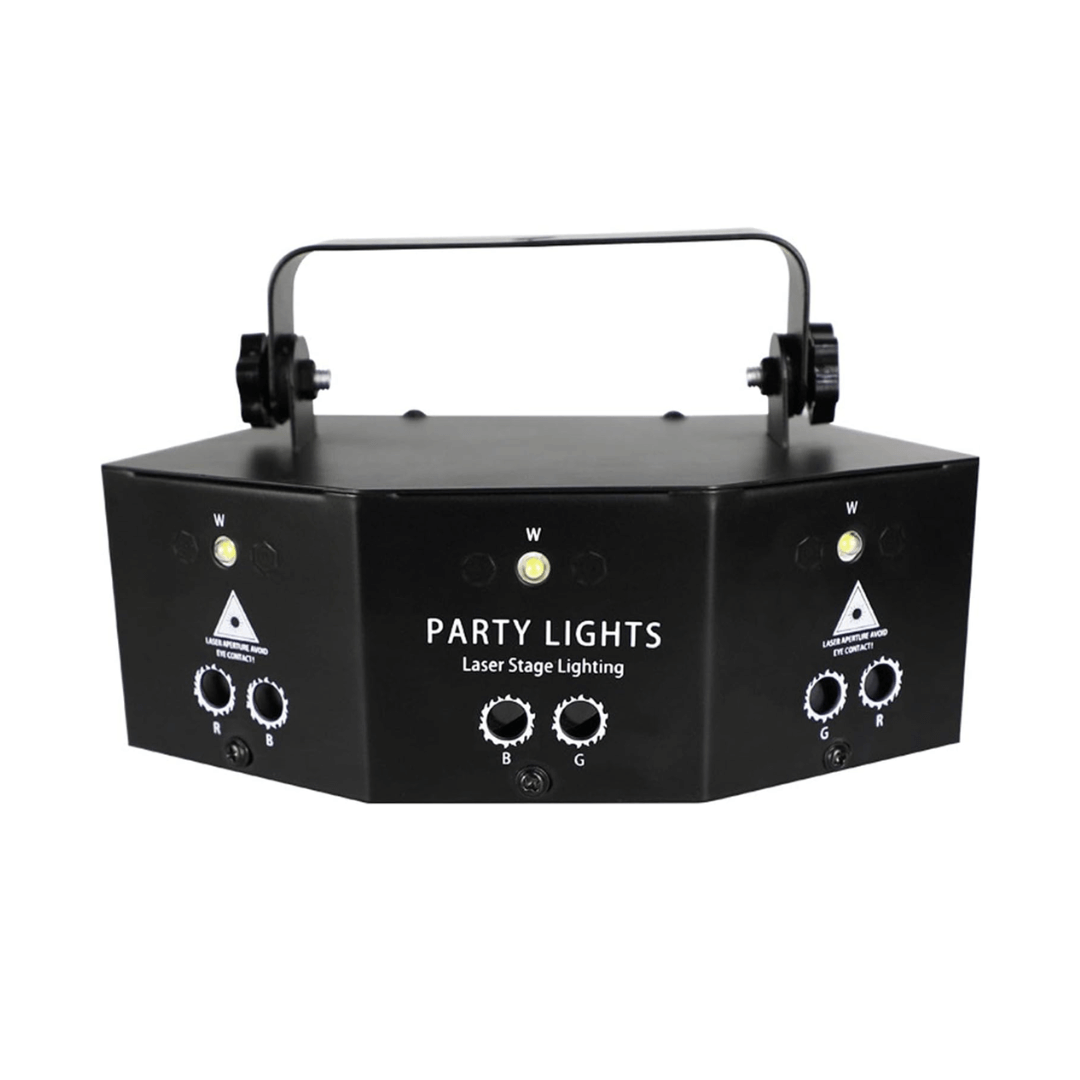Láser 6 Puntos 2R + 2G + 2B + Flash - Luz Estroboscópica Multicolor con Control DMX, Voz y Remoto