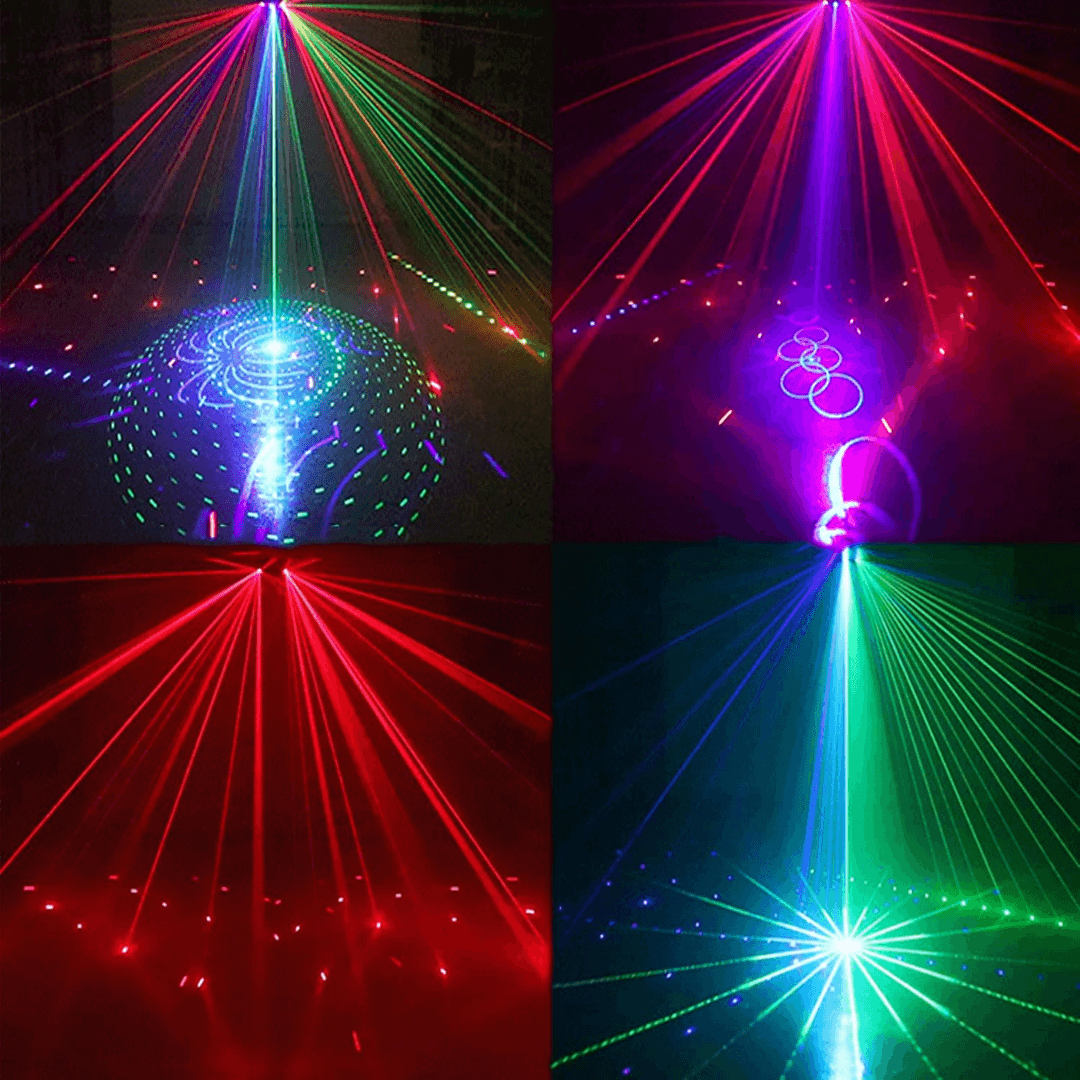 Láser 6 Puntos 2R + 2G + 2B + Flash - Luz Estroboscópica Multicolor con Control DMX, Voz y Remoto