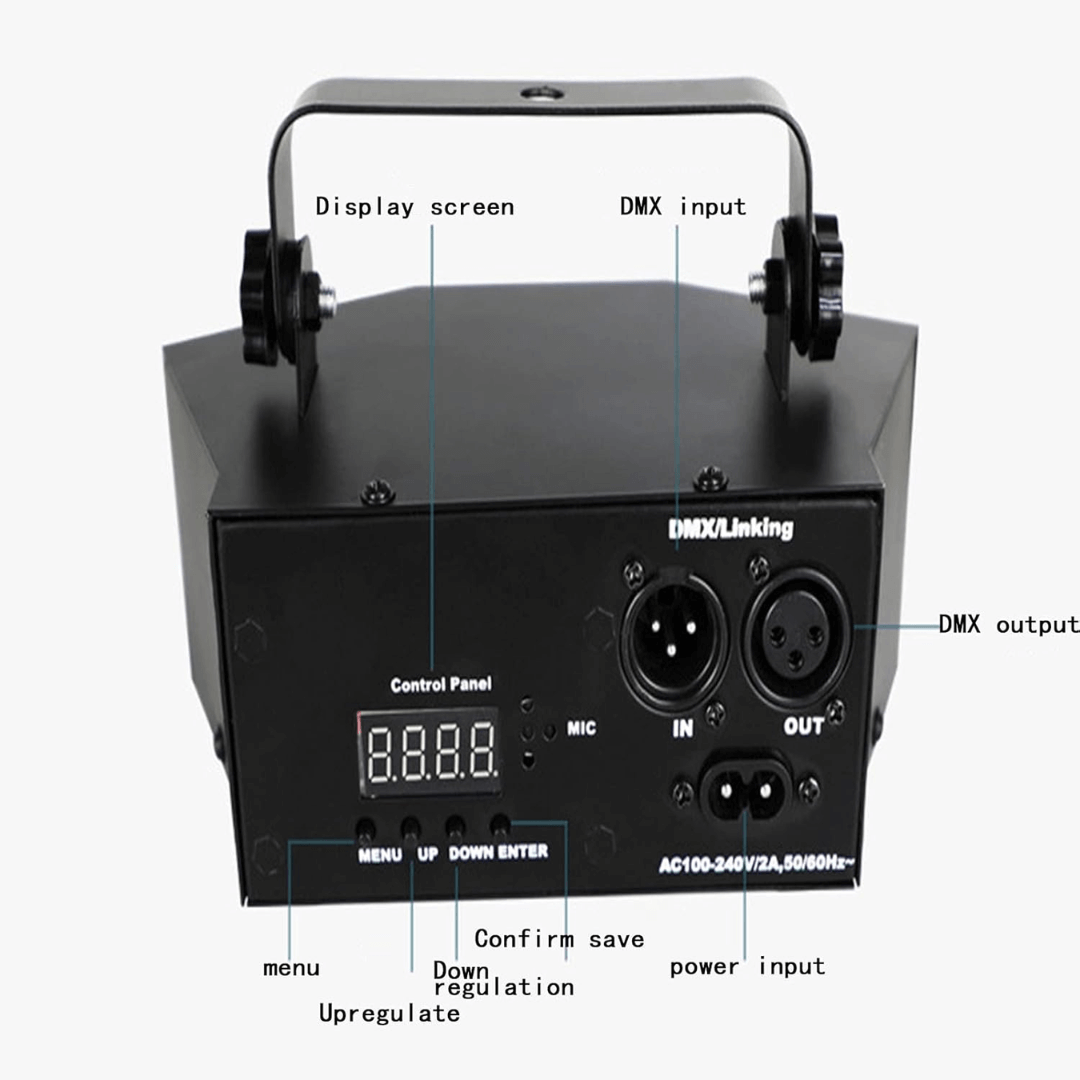 Láser 6 Puntos 2R + 2G + 2B + Flash - Luz Estroboscópica Multicolor con Control DMX, Voz y Remoto