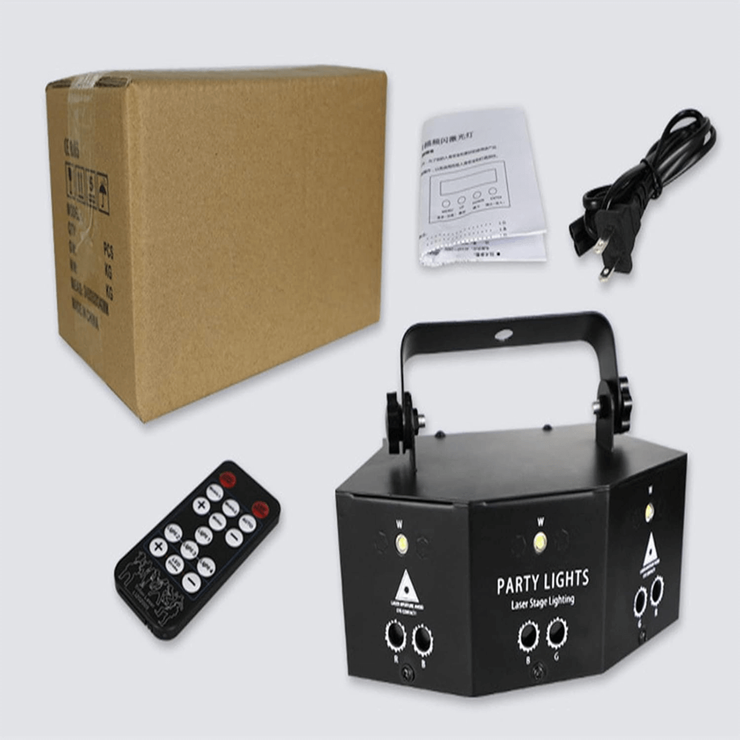 Láser 6 Puntos 2R + 2G + 2B + Flash - Luz Estroboscópica Multicolor con Control DMX, Voz y Remoto