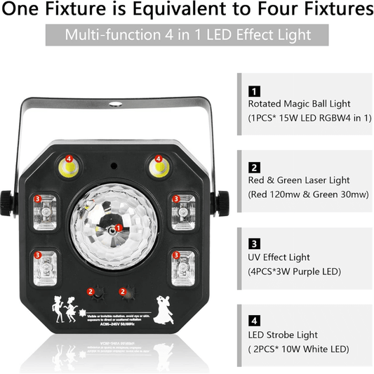 MIX 4EN1 Magic Ball + Estrobo + Láser Doble + 4 LED UV | Iluminación Profesional para DJ, Escenarios y Fiestas