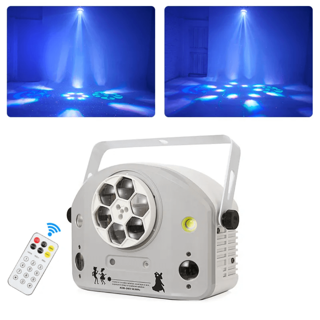 MIX White 4 EN 1 Cañón Giratorio + Estrobo + Láser Doble + 2 LED RGB | Efecto Profesional para DJ y Eventos