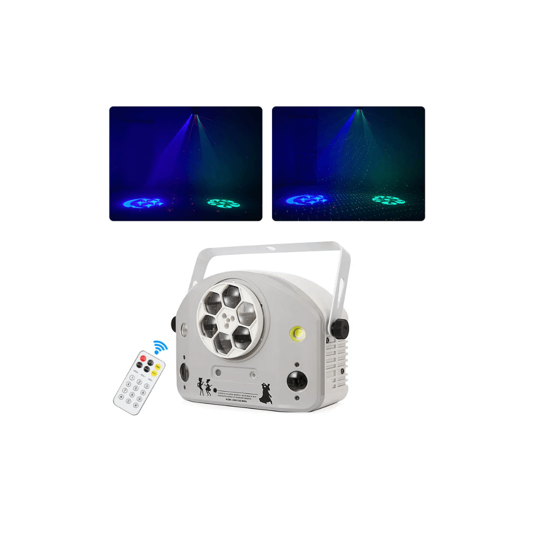MIX White 4 EN 1 Cañón Giratorio + Estrobo + Láser Doble + 2 LED RGB | Efecto Profesional para DJ y Eventos