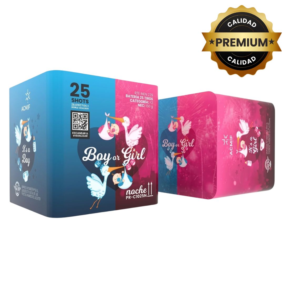 PR-C1025N BOY OR GIRL NOCHE | Torta de Pirotecnia 25 Disparos (Azul o Rosado)