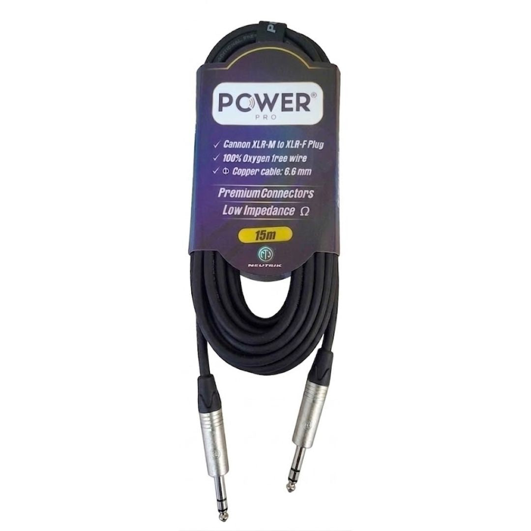 PTRSN-15M POWER PRO | Cable Jack TRS a TRS 6.3mm 15 Metros con Conectores Neutrik