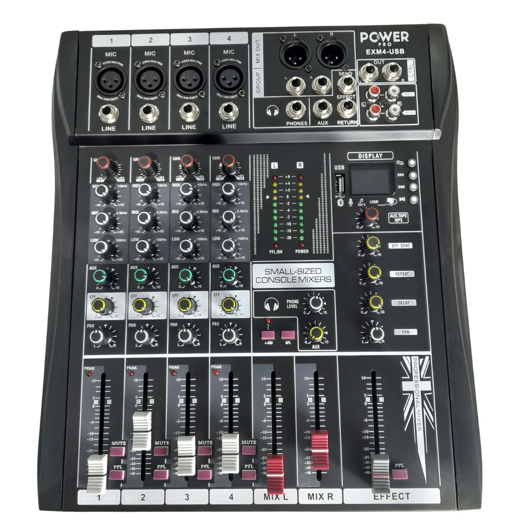 EXM4-USB POWER PRO | Consola Análoga 4 Canales Puros con MUTE e Interfaz de Audio