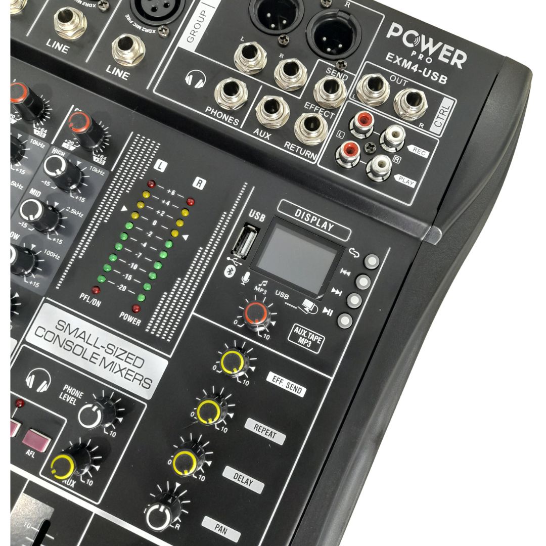 EXM4-USB POWER PRO | Consola Análoga 4 Canales Puros con MUTE e Interfaz de Audio