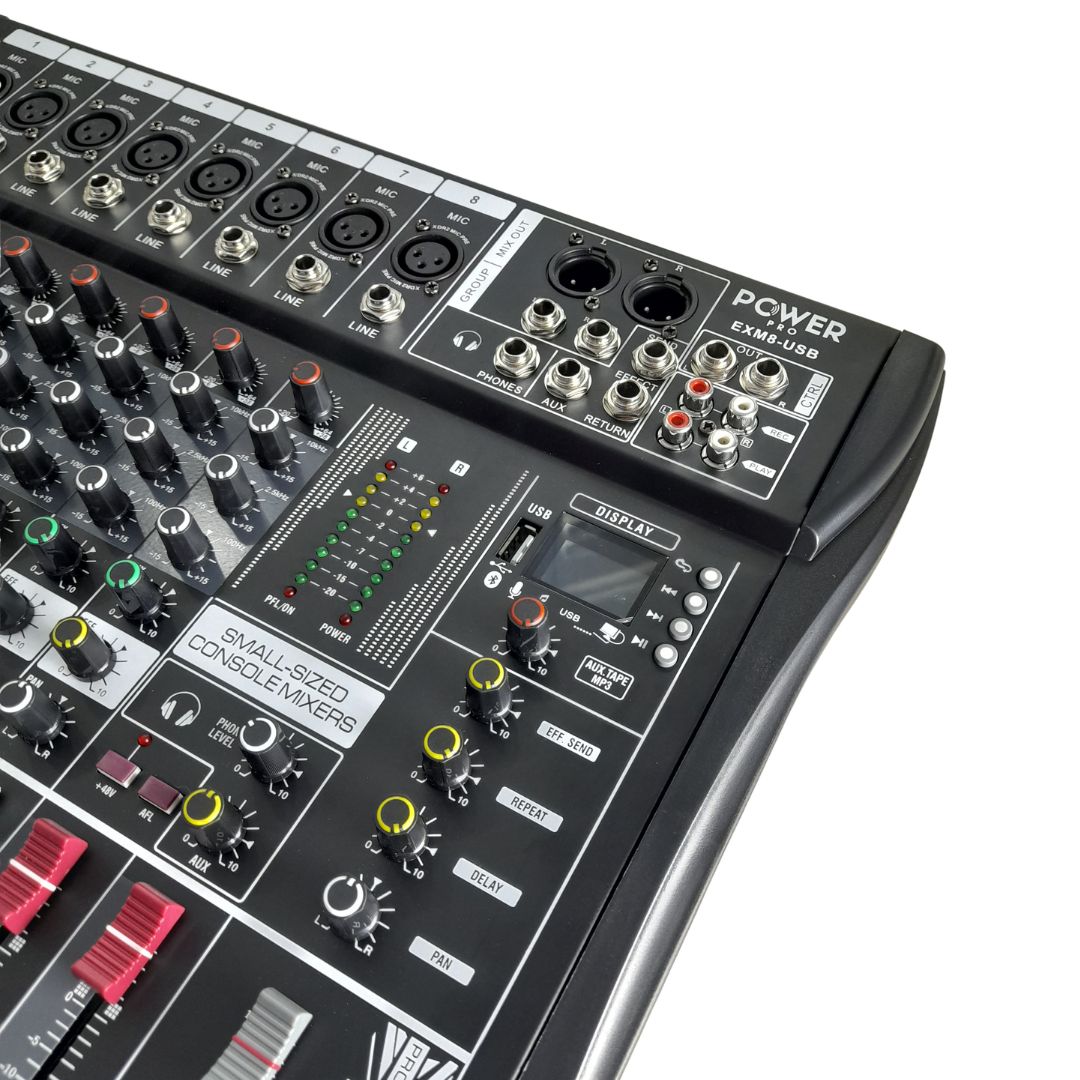 EXM8-USB POWER PRO | Consola Análoga 8 Canales Puros con MUTE e Interfaz de Audio