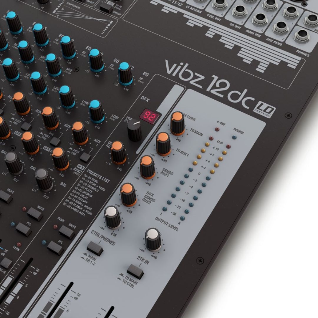 LD Systems VIBZ 12 DC | Consola Analógica Profesional de 12 Canales con Efectos Digitales y Compresor
