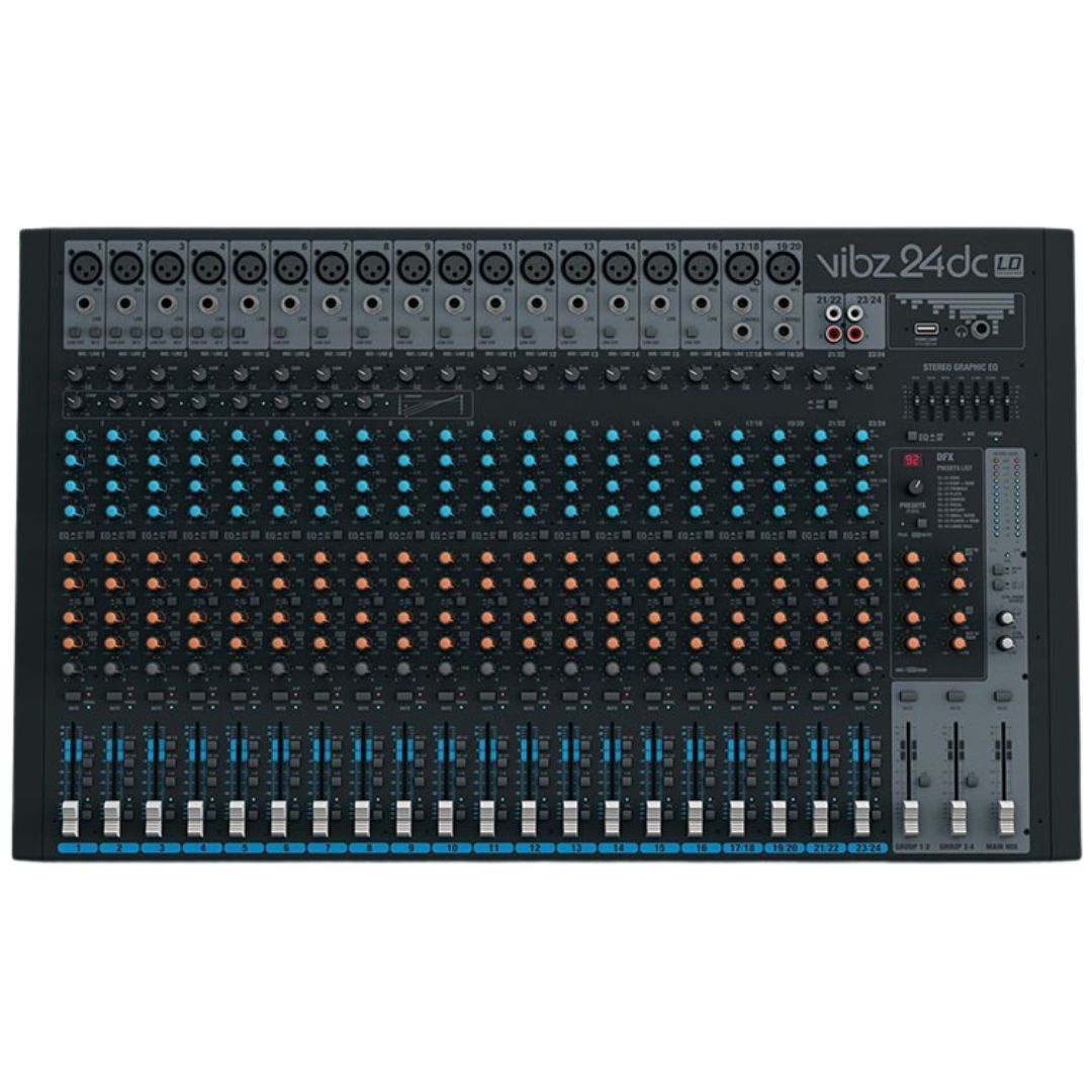 LD Systems VIBZ 24 DC | Consola Analógica Profesional de 24 Canales con Efectos Digitales y Compresor