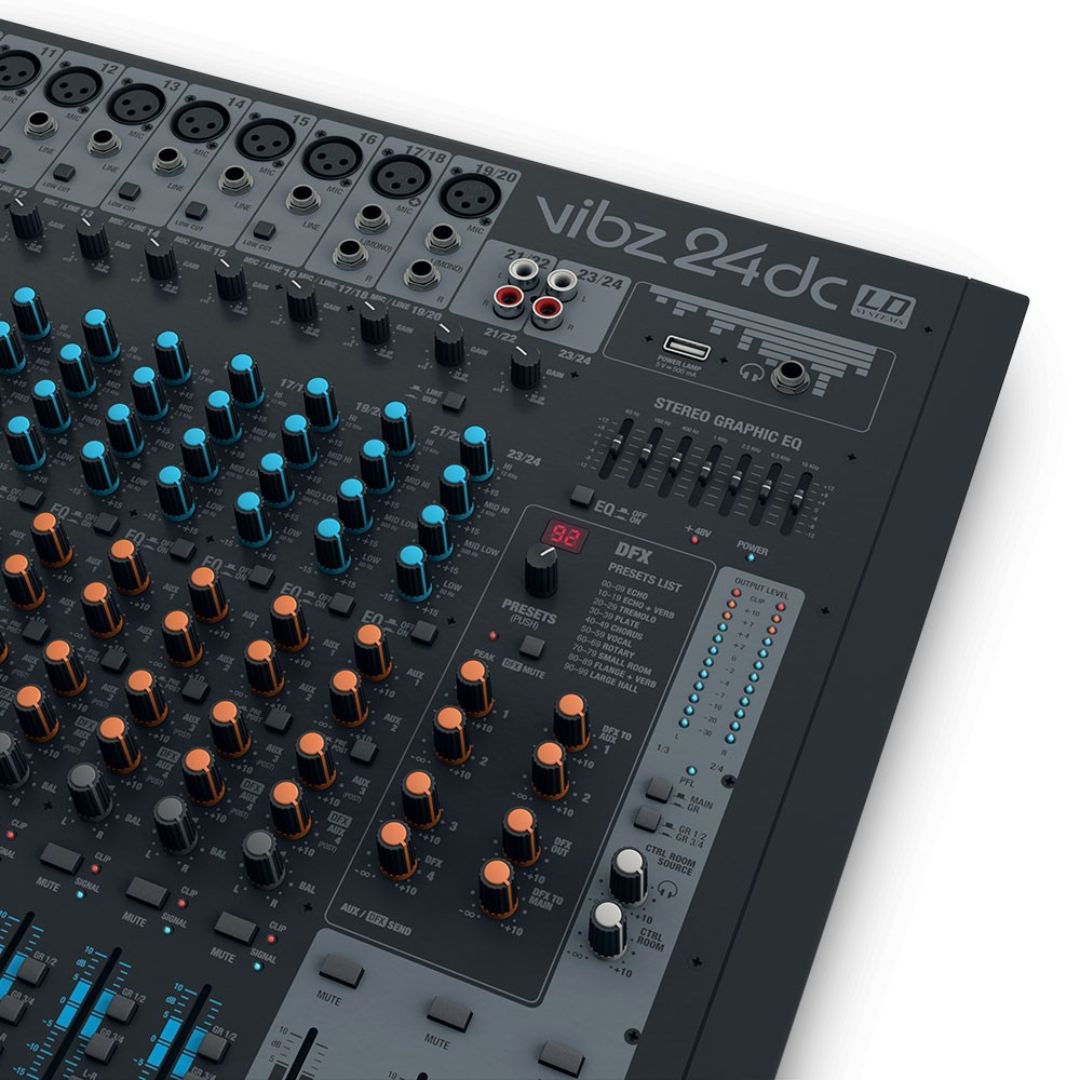 LD Systems VIBZ 24 DC | Consola Analógica Profesional de 24 Canales con Efectos Digitales y Compresor