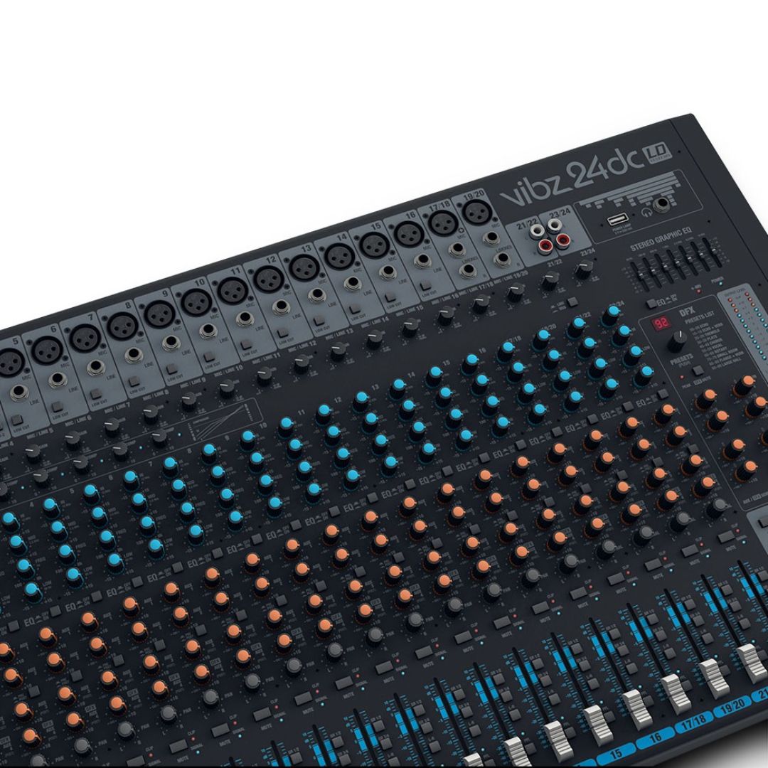 LD Systems VIBZ 24 DC | Consola Analógica Profesional de 24 Canales con Efectos Digitales y Compresor