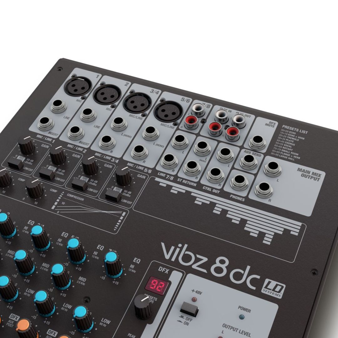 LD Systems VIBZ 8 DC | Consola Analógica Profesional de 8 Canales con Efectos y Compresor