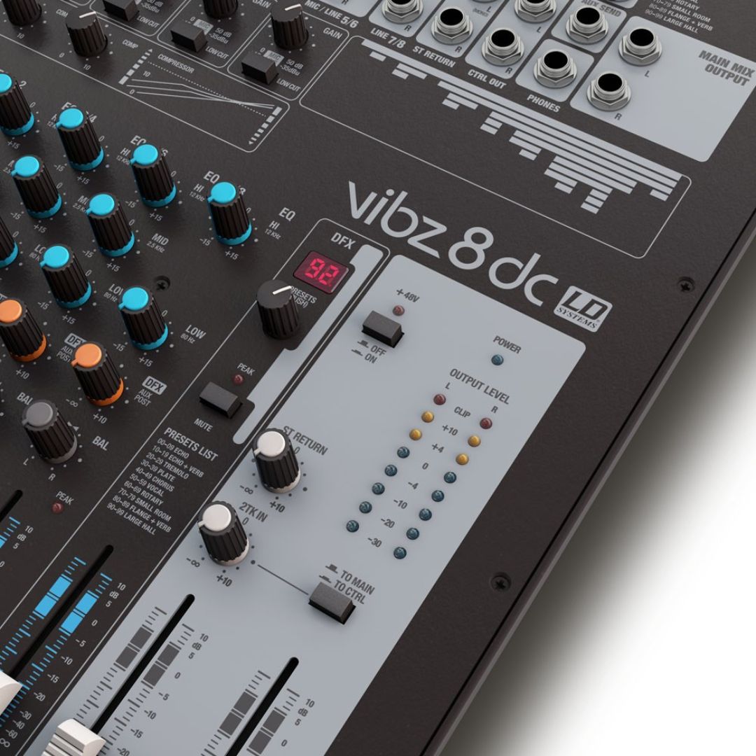 LD Systems VIBZ 8 DC | Consola Analógica Profesional de 8 Canales con Efectos y Compresor