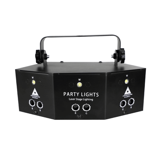 Láser 6 Puntos 2R + 2G + 2B + Flash - Luz Estroboscópica Multicolor con Control DMX, Voz y Remoto