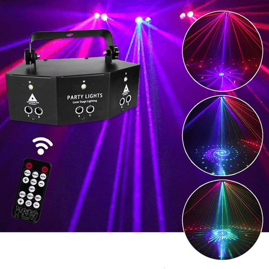 Láser 6 Puntos 2R + 2G + 2B + Flash - Luz Estroboscópica Multicolor con Control DMX, Voz y Remoto
