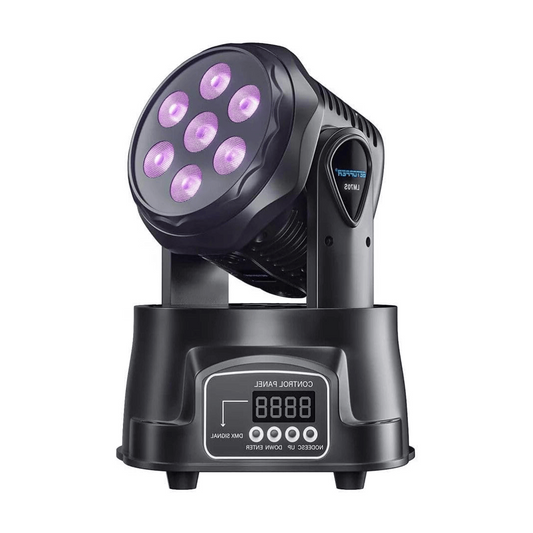 MINI WASH 7x12W RGBW - Cabeza Móvil Wash Compacta con Control DMX512 y Efecto Estrobo Profesional