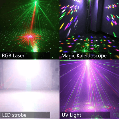 MIX 4EN1 Magic Ball + Estrobo + Láser Doble + 4 LED UV | Iluminación Profesional para DJ, Escenarios y Fiestas