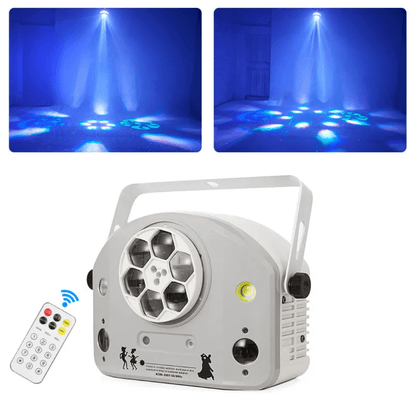 MIX White 4 EN 1 Cañón Giratorio + Estrobo + Láser Doble + 2 LED RGB | Efecto Profesional para DJ y Eventos