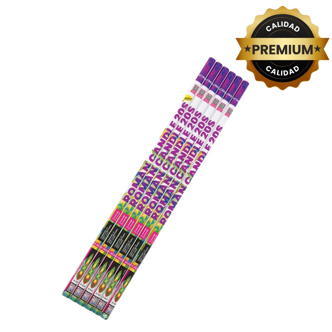 PR-RC120 ROMAN CANDLE 20 TIROS | Vela Pirotécnica Multicolor + Cracker